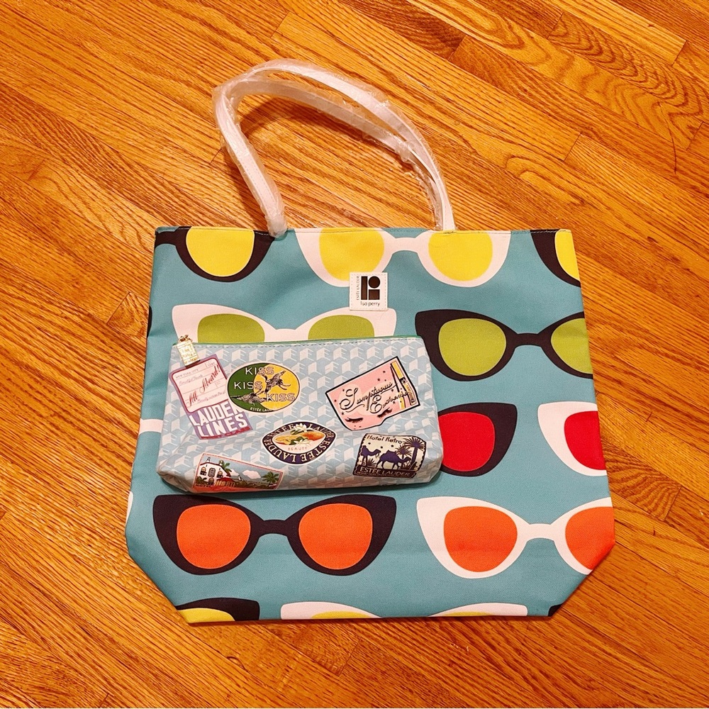 Estée Lauder Lisa Perry Canvas Tote Bag and Cosmetic Bag Bundle Reusable NWOT
